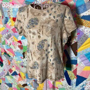 Vintage 90s/y2k top paisley floral tan beige  2000s 1990s crew neck short sleeve